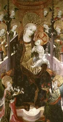 Madonna und Kind auf dem Thron, umgeben von Engeln, zentrale Tafel eines Triptychons, 1400-30